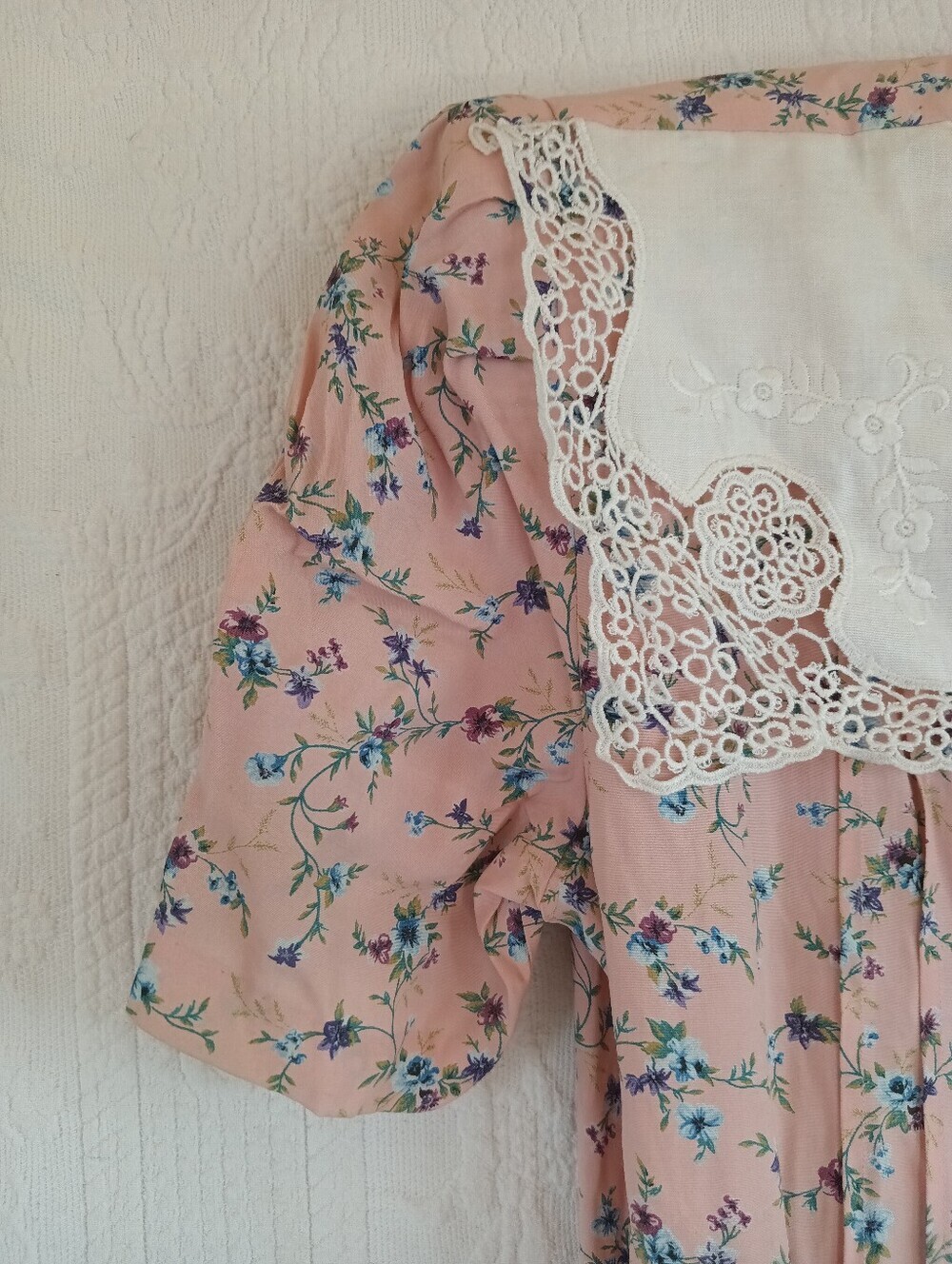 Vintage Pink Floral Midi Dress Lace Sailor Collar Prairiecore Karin Stevens 80s - Picture 5 of 15